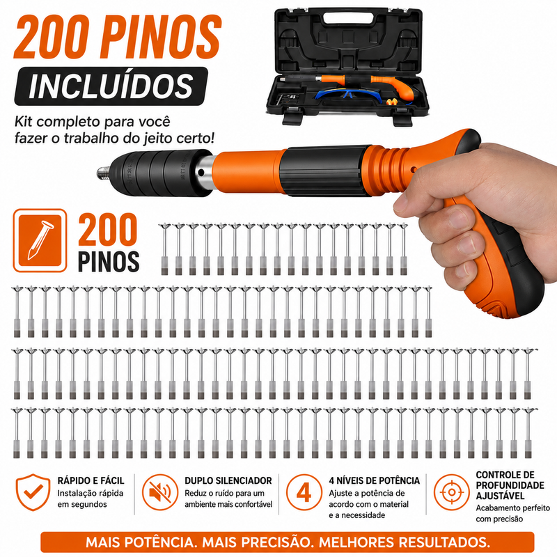 Kit Com Pistola De Fixação De Ação Direta Finca Pinos +200 Pinos
