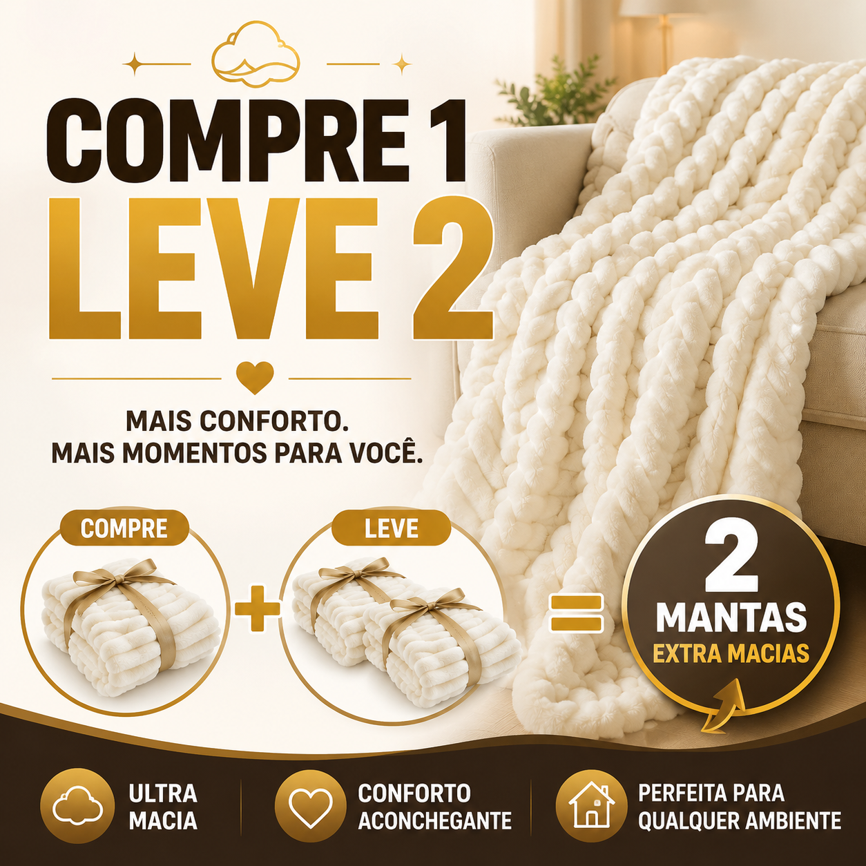 Nuvora™ – Manta Trançada Premium Ultra Macia - Toque Aveludado - Design Sofisticado + 2 Fronhas
